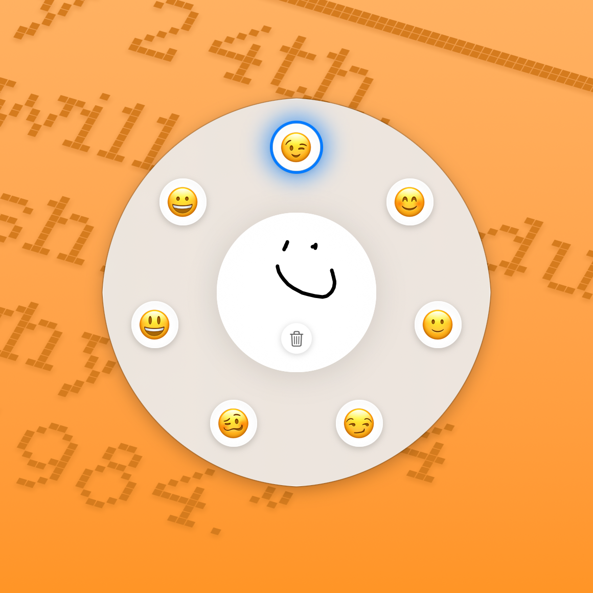 The Glyph Engine radial picker — a smiley sketch in the center with seven emoji results ringed around the disc