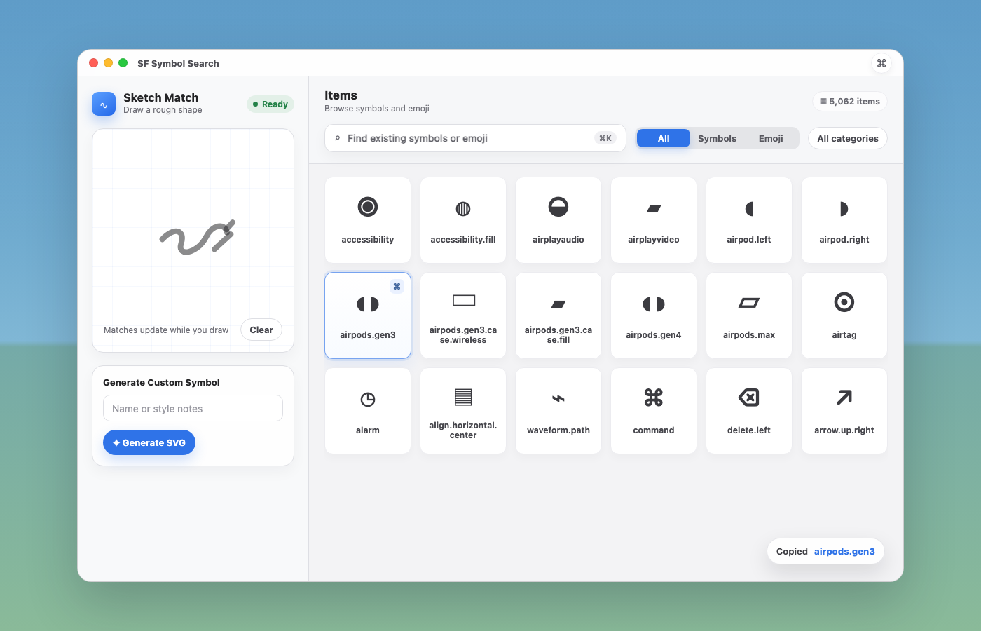 Glyph Engine app window showing search field, sketch panel, and a grid of SF Symbols
