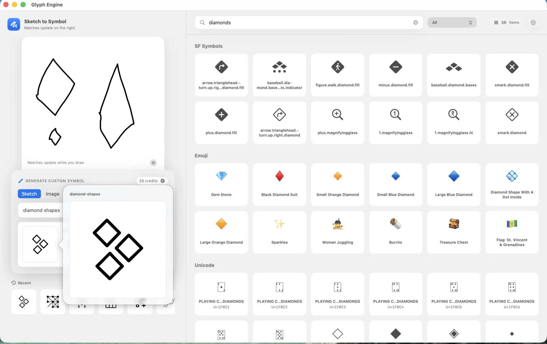 Glyph Engine showing a diamond sketch, matching SF Symbols, emoji, Unicode results, and a custom diamond symbol generation preview
