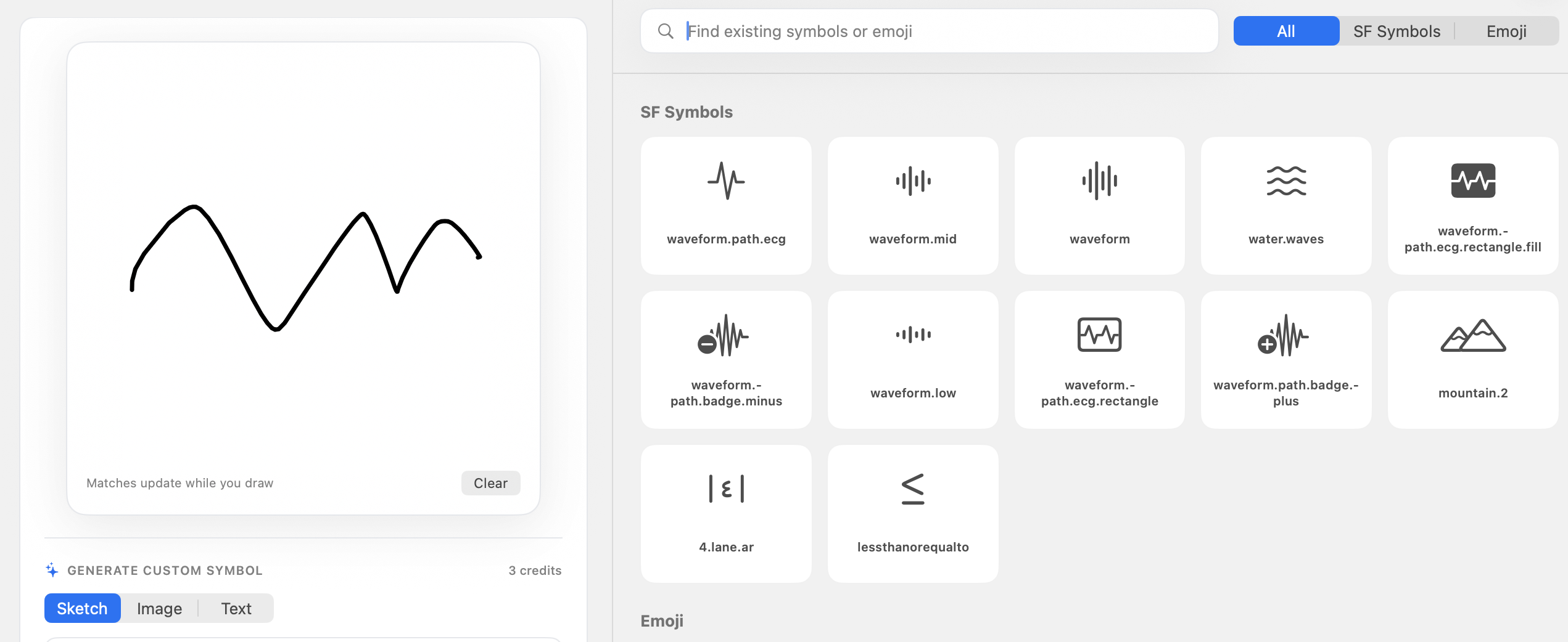 Glyph Engine sketch search showing a rough wave sketch and matching SF Symbols including waveform.path.ecg, waveform, and water.waves